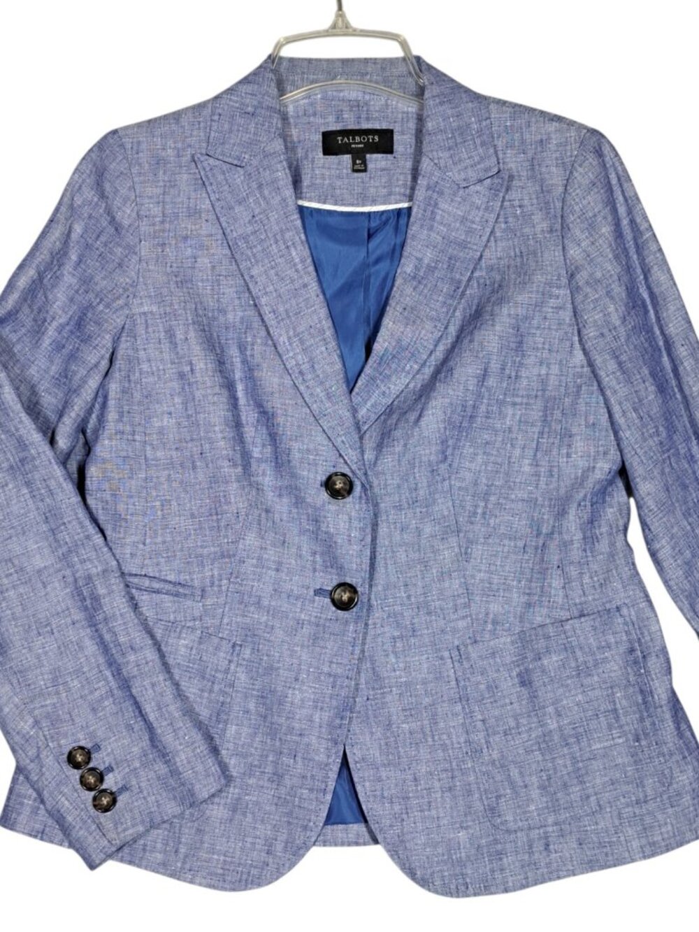 Talbots 100% Linen Blazer 8P Petite Blue Coastal Nautical Preppy Chambray Womens
